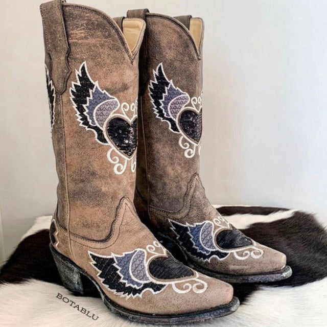 CORRAL Sequin Heart Wings Tall Mid-Calf Snip Toe Cowgirl Cowboy Boots - Botablu