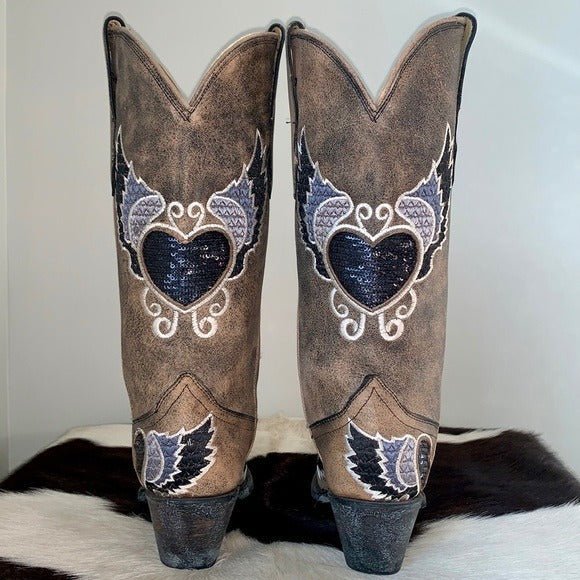 CORRAL Sequin Heart Wings Tall Mid-Calf Snip Toe Cowgirl Cowboy Boots - Botablu