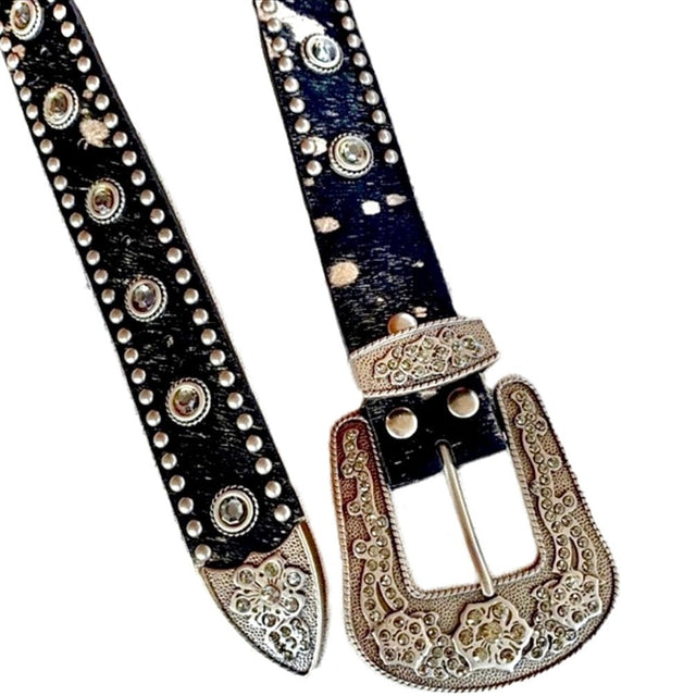 Cowhide Calf Hair On Pony Black Leather Studded Silver Crystals Western Belt - Botablu