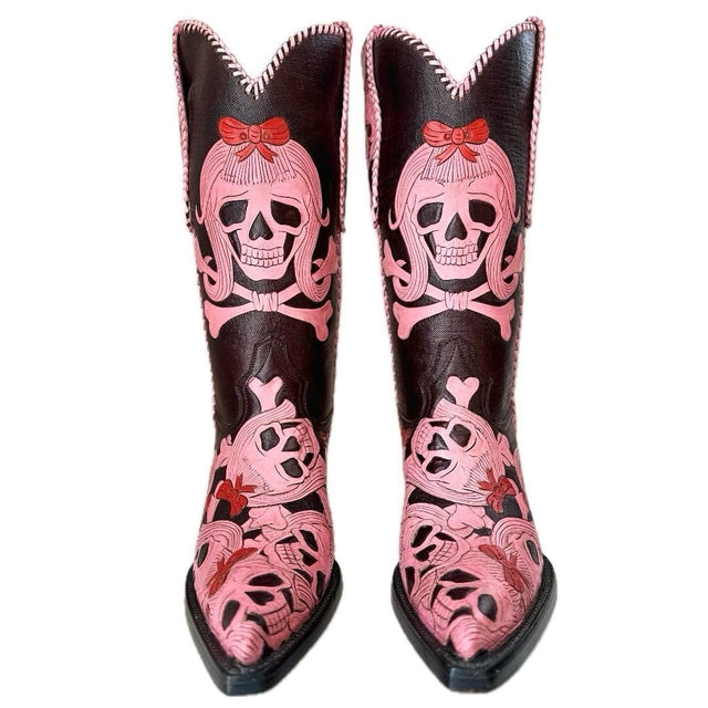 CRAZY HORSE Vintage Custom Handmade Tooled Skull Pink Cowboy Boots - Botablu