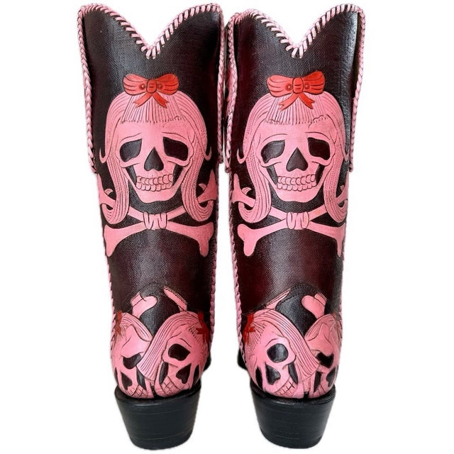 CRAZY HORSE Vintage Custom Handmade Tooled Skull Pink Cowboy Boots - Botablu
