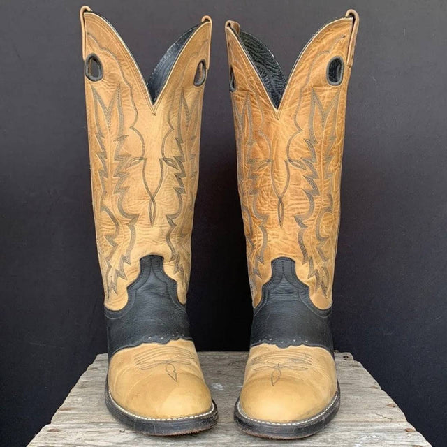 DAN POST Vintage Buckaroo Black Tan Leather Tall Cowboy Western Boots - Botablu