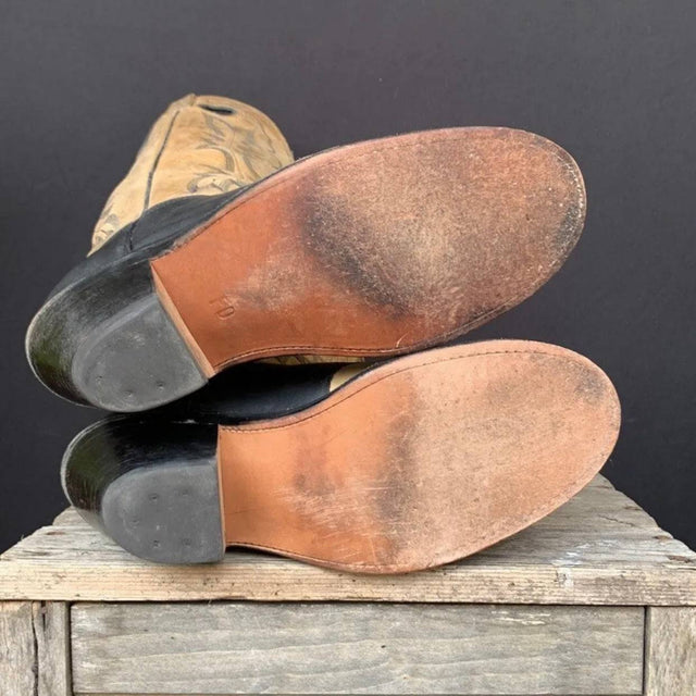 DAN POST Vintage Buckaroo Black Tan Leather Tall Cowboy Western Boots - Botablu