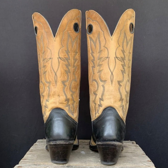 DAN POST Vintage Buckaroo Black Tan Leather Tall Cowboy Western Boots - Botablu