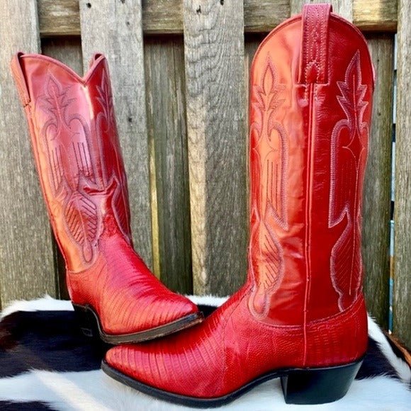 DAN POST Vintage Red Lizard Exotic Leather Cowgirl Cowboy Western Boots - Botablu