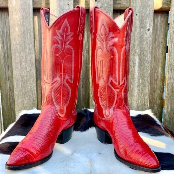 DAN POST Vintage Red Lizard Exotic Leather Cowgirl Cowboy Western Boots - Botablu