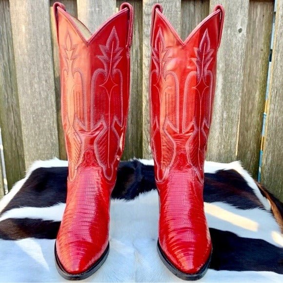 DAN POST Vintage Red Lizard Exotic Leather Cowgirl Cowboy Western Boots - Botablu