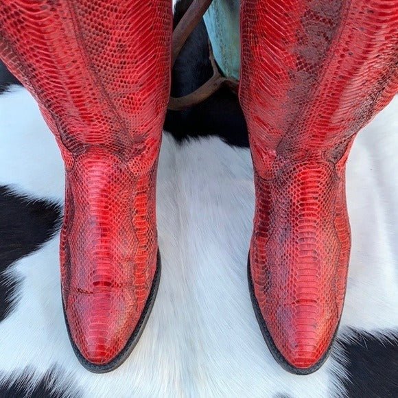 DAN POST Vintage Red Snakeskin Python Tall Knee High Cowgirl Cowboy Western Boots - Botablu