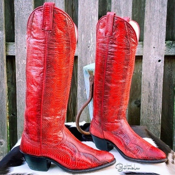 DAN POST Vintage Red Snakeskin Python Tall Knee High Cowgirl Cowboy Western Boots - Botablu