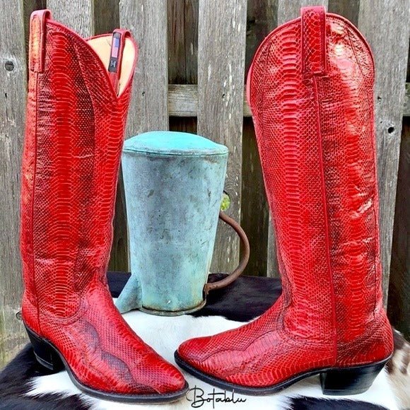 DAN POST Vintage Red Snakeskin Python Tall Knee High Cowgirl Cowboy Western Boots - Botablu