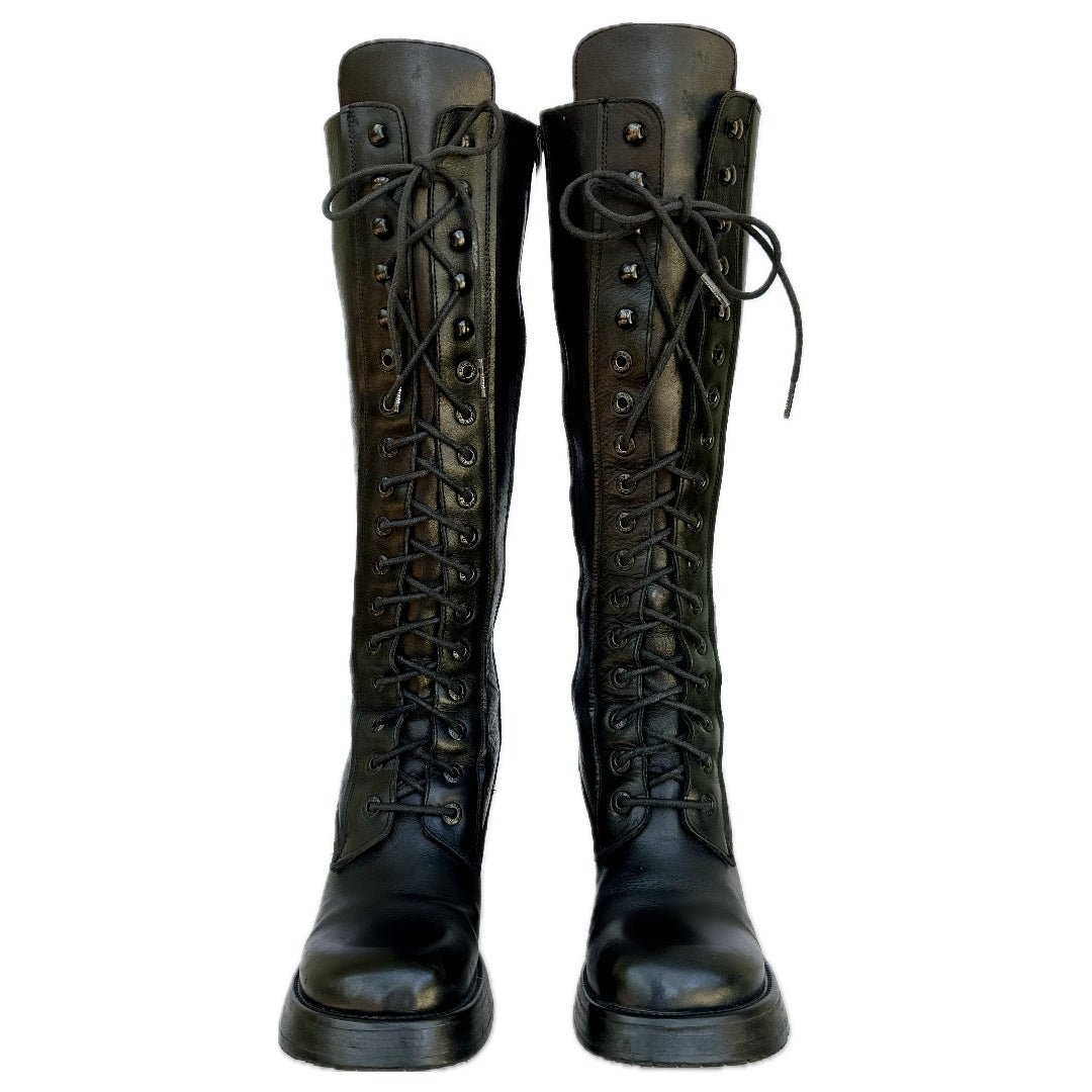 DESTROY Platform Lace Up Tall Black Leather Retro Vintage Boots