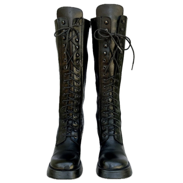 DESTROY Platform Lace Up Zip Vintage Y2K Tall Black Leather Boots - Botablu