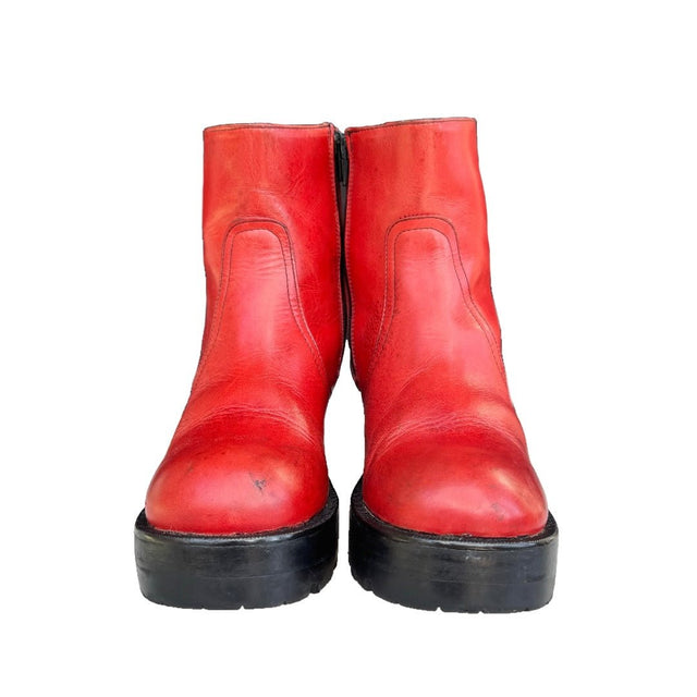 DESTROY Platform Vintage Y2K Zip Red Leather Ankle Boots - Botablu