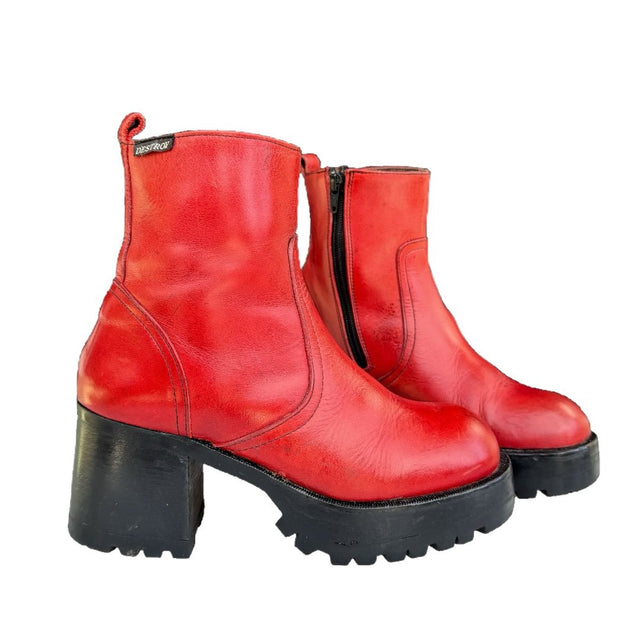 DESTROY Platform Vintage Y2K Zip Red Leather Ankle Boots - Botablu