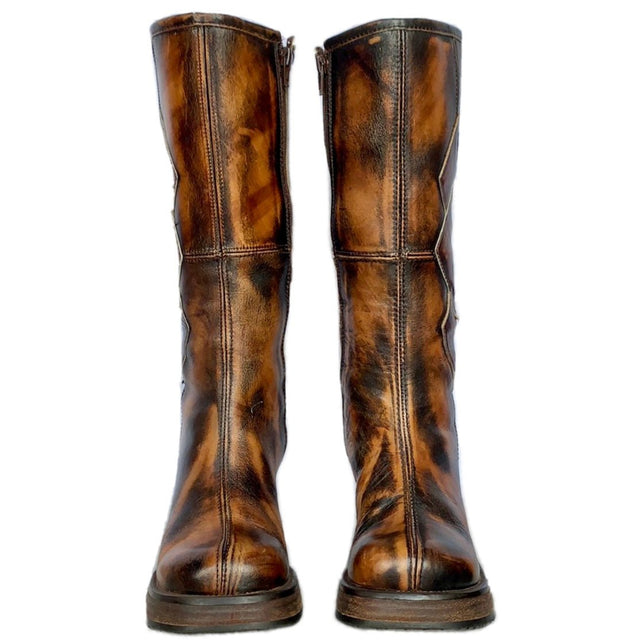 DESTROY Vintage Y2K Platform Chunky Sole Diamond Patchwork Tall Brown Leather Boots - Botablu
