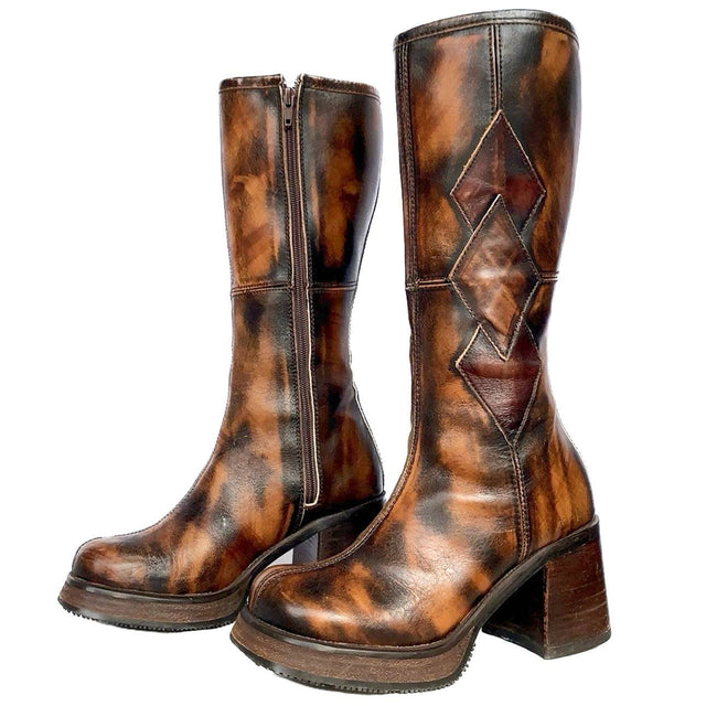 DESTROY Vintage Y2K Platform Chunky Sole Diamond Patchwork Tall Brown Leather Boots - Botablu