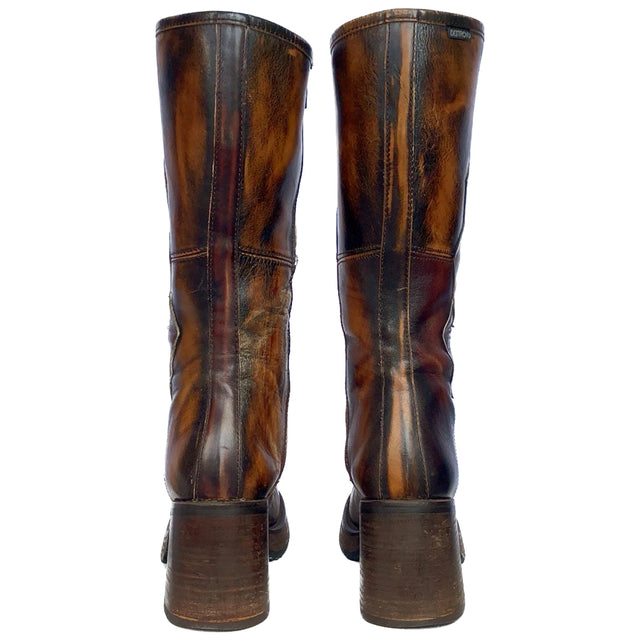 DESTROY Vintage Y2K Platform Chunky Sole Diamond Patchwork Tall Brown Leather Boots - Botablu
