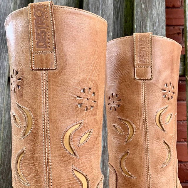 DESTROY Vintage Y2K Platform Chunky Sole High Heel Tall Tan Brown Genuine Leather Boots - Botablu