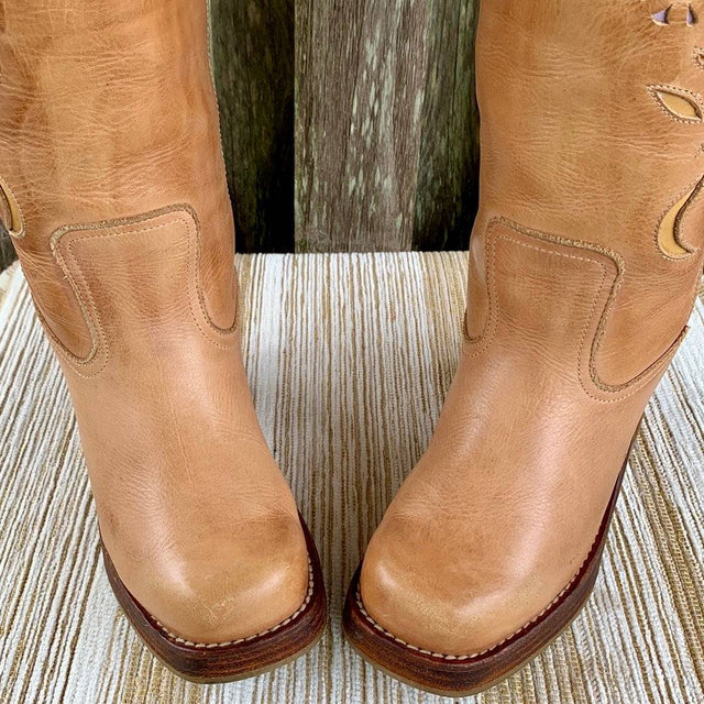 DESTROY Vintage Y2K Platform Chunky Sole High Heel Tall Tan Brown Genuine Leather Boots - Botablu