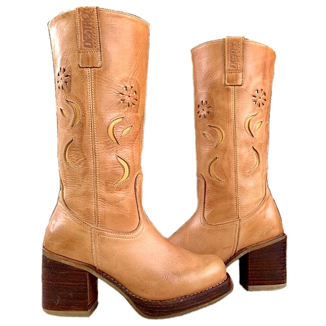 DESTROY Vintage Y2K Platform Chunky Sole High Heel Tall Tan Brown Genuine Leather Boots - Botablu