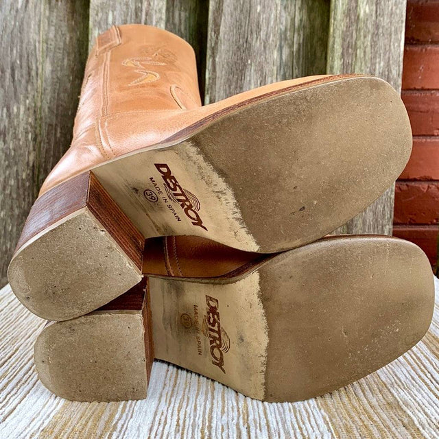 DESTROY Vintage Y2K Platform Chunky Sole High Heel Tall Tan Brown Genuine Leather Boots - Botablu