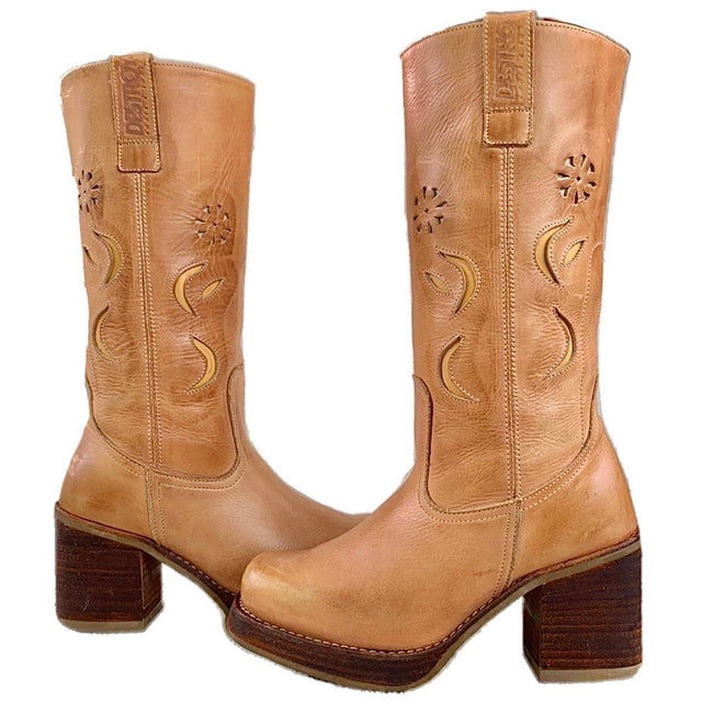 DESTROY Vintage Y2K Platform Chunky Sole High Heel Tall Tan Brown Genuine Leather Boots - Botablu