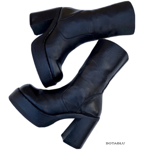 DESTROY Vintage Y2K Platform Chunky Square Toe Black Leather High Heel Ankle Boots - Botablu