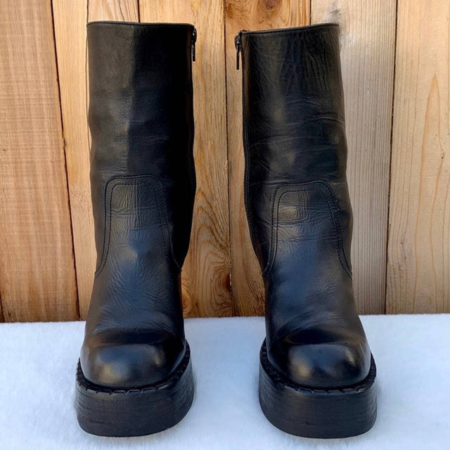 DESTROY Vintage Y2K Platform Chunky Square Toe Black Leather High Heel Ankle Boots - Botablu