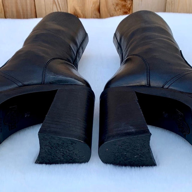 DESTROY Vintage Y2K Platform Chunky Square Toe Black Leather High Heel Ankle Boots - Botablu