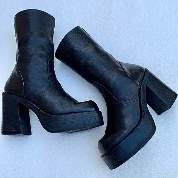 DESTROY Vintage Y2K Platform Chunky Square Toe Black Leather High Heel Ankle Boots - Botablu