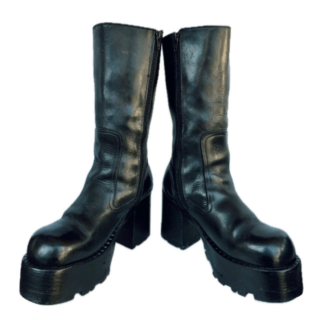 DESTROY Vintage Y2K Platform Chunky Square Toe Tall Black Leather Boots - Botablu
