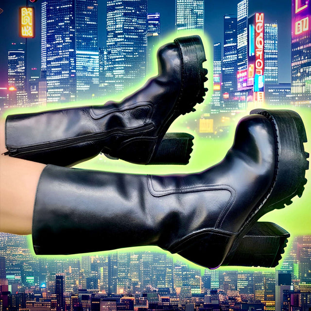 DESTROY Vintage Y2K Platform Chunky Square Toe Tall Black Leather Boots - Botablu