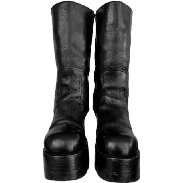 DESTROY Vintage Y2K Platform Chunky Square Toe Tall Black Leather Boots - Botablu