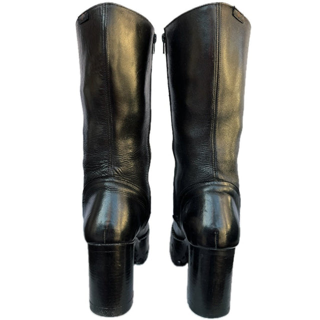 DESTROY Vintage Y2K Platform Chunky Square Toe Tall Black Leather Boots - Botablu