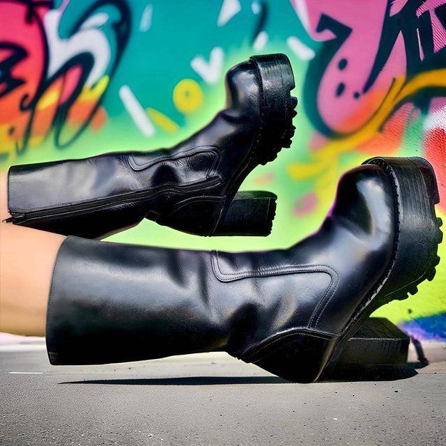 DESTROY Vintage Y2K Platform Chunky Square Toe Tall Black Leather Boots - Botablu
