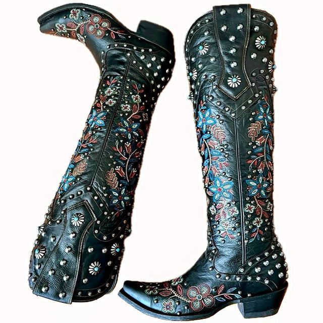 DOUBLE D RANCH By OLD GRINGO Huron Valley 17” Studded Floral Knee High Cowgirl Cowboy Western Boots - Botablu