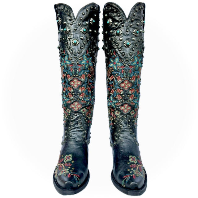 DOUBLE D RANCH By OLD GRINGO Huron Valley 17” Studded Floral Knee High Cowgirl Cowboy Western Boots - Botablu