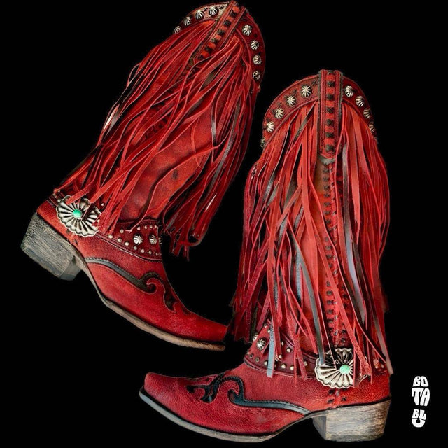 DOUBLE D RANCH Prescott Fringe Studded Red Leather Cowgirl Cowboy Western Boots - Botablu