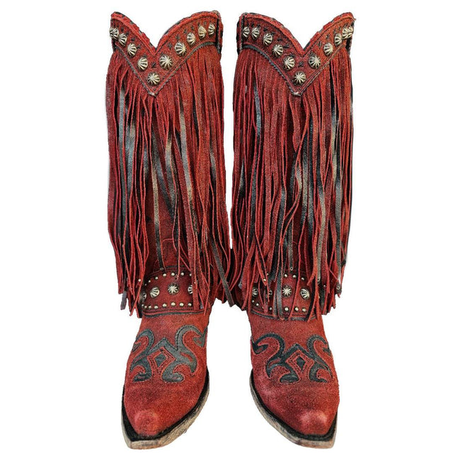 DOUBLE D RANCH Prescott Fringe Studded Red Leather Cowgirl Cowboy Western Boots - Botablu