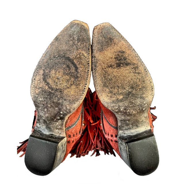 DOUBLE D RANCH Prescott Fringe Studded Red Leather Cowgirl Cowboy Western Boots - Botablu