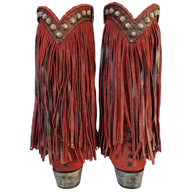 DOUBLE D RANCH Prescott Fringe Studded Red Leather Cowgirl Cowboy Western Boots - Botablu