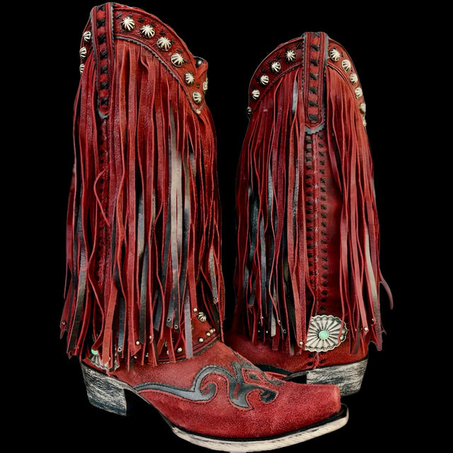 DOUBLE D RANCH Prescott Fringe Studded Red Leather Cowgirl Cowboy Western Boots - Botablu