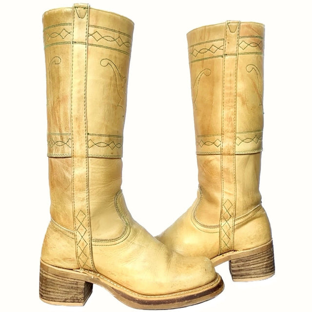 DOUBLE H Vintage Frye Style Banana Campus Stitching Horse Tall Knee High Boots - Botablu