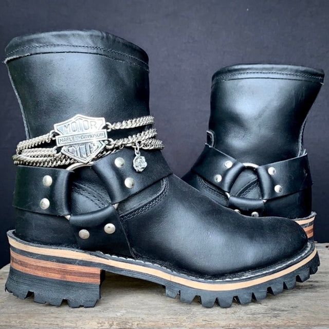 DURANGO Vintage Harness Chunky Lug Sole Black Biker Moto Ankle Bootie Boots - Botablu