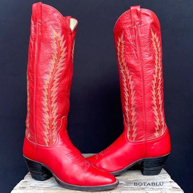 LARRY MAHAN Vintage Red Leather Tall Knee High Cowgirl Cowboy Western Boots