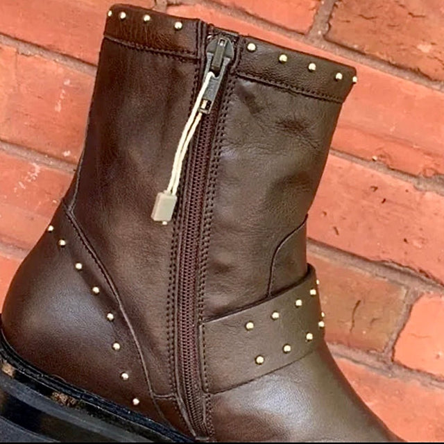 EMANUELA PASSARI Italy Brown Leather Studded Lug Sole Moto Ankle Bootie Boots - Botablu