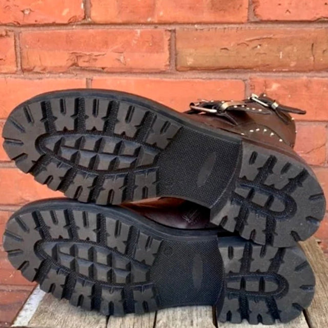 EMANUELA PASSARI Italy Brown Leather Studded Lug Sole Moto Ankle Bootie Boots - Botablu