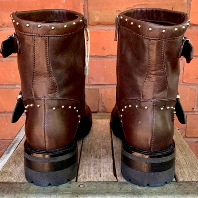 EMANUELA PASSARI Italy Brown Leather Studded Lug Sole Moto Ankle Bootie Boots - Botablu
