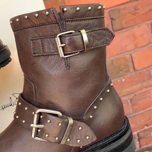 EMANUELA PASSARI Italy Brown Leather Studded Lug Sole Moto Ankle Bootie Boots - Botablu
