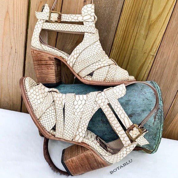 FREEBIRD BY STEVEN Claw White Snake Leather Strappy Boho Western Sandals - Botablu